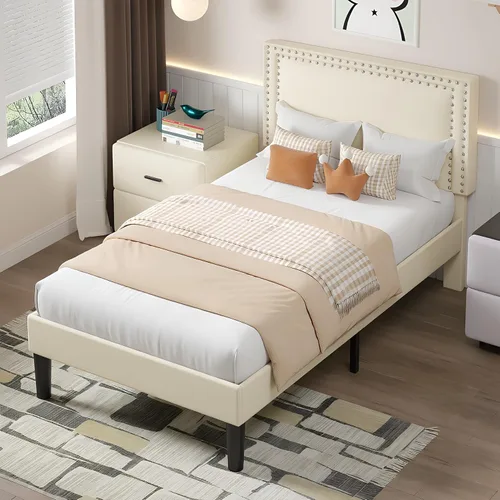 Vista 3 de VECELO Base de cama de plataforma de tamaño individual con cabecera tapizada de altura ajustable, base de colchón moderna, soporte de listones
