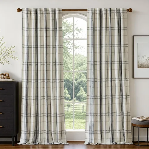 Vista 22 de DriftAway Cortinas de felpilla de lino a cuadros 100% opacas de 96 pulgadas Beige