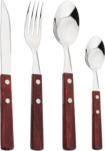 Vista 8 de Juego de cubiertos de acero inoxidable 304 de 8 piezas, mango retro de madera, juego de utensilios de vajilla para fiesta, incluye cuchillo Marrón