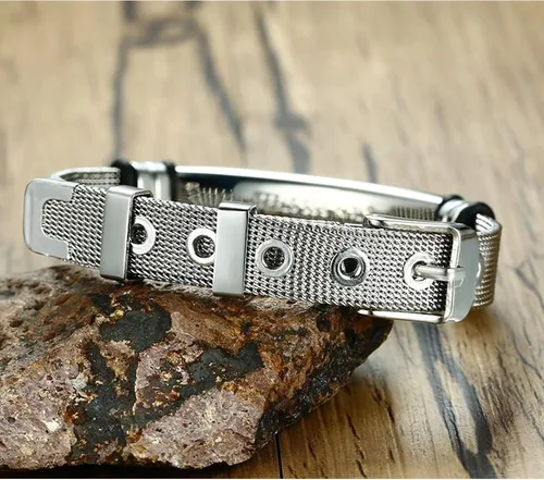 Vista 6 de Pulsera de malla de acero inoxidable personalizable con grabado láser, ajustable, alerta médica, pulseras de identificación de EE. UU. con tarjeta