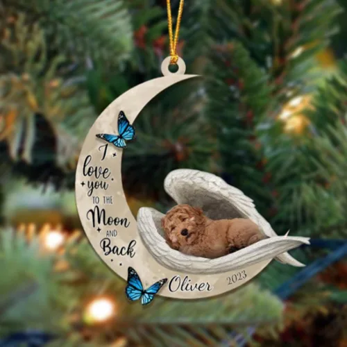 Vista 14 de Adorno colgante personalizado de ángel durmiendo en la luna, perro sabueso afgano, nombre personalizado, acrílico impreso en 2D plano – cumpleaños