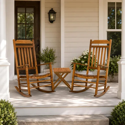 Vista 10 de Kozyard Mecedora de madera, silla mecedora de madera maciza para exteriores con respaldo alto y asiento de listones, mecedora ergonómica