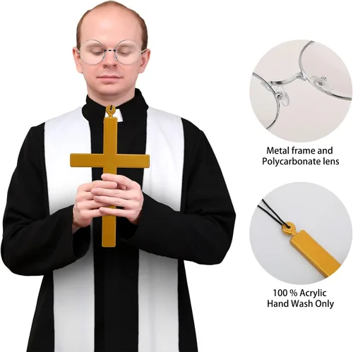Vista 4 de 6 piezas de accesorios de disfraz de sacerdote y monja de Halloween, sombrero de monja, collar blanco de monja, collar de sacerdote, gafas
