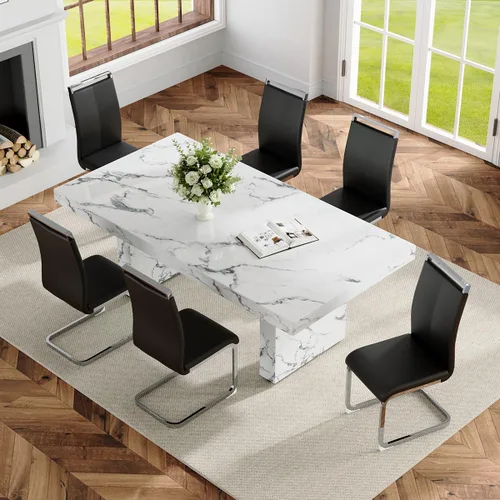 Vista 9 de Ebullient - Juego de mesa de comedor de mármol de 79 pulgadas para 6, mesa con patrón de mármol blanco de 3.5 pulgadas con base de MDF estable