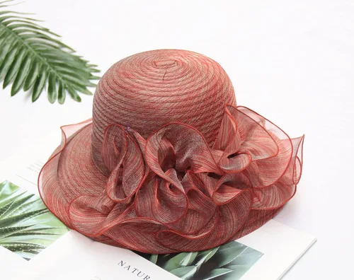 Vista 5 de Sombrero de tocado de organza para mujer, de ala ancha, para boda, fiesta de té
