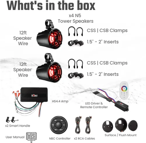 Vista 5 de NOAM NUTV5 - Kit de sistema estéreo marino ATV/carrito de golf/UTV, con 2 altavoces de torre de luz LED impermeables, controlador resistente a