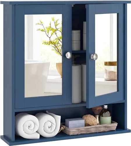 Vista 11 de Tangkula Botiquín de baño con espejo, organizador colgante de madera montado en la pared con puertas y estantes, gabinete de espejo de pared de baño