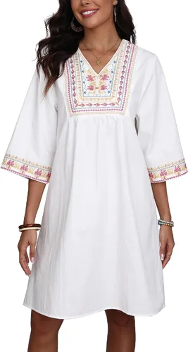 Vista 2 de Higustar Mini vestidos de verano de algodón blanco para mujer, estilo mexicano, estilo bohemio, vestido tipo babydoll para mujer