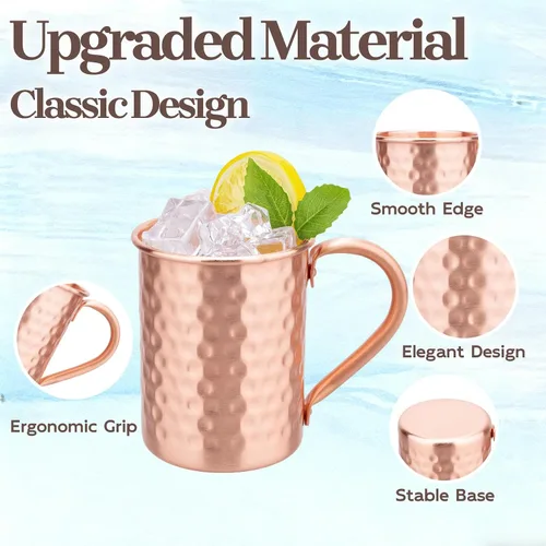 Vista 3 de Juego de 2 tazas de cobre 100% puro, tazas Moscow Mule con asa, taza de cobre para beber en frío, taza con acabado martillado a mano, regalos