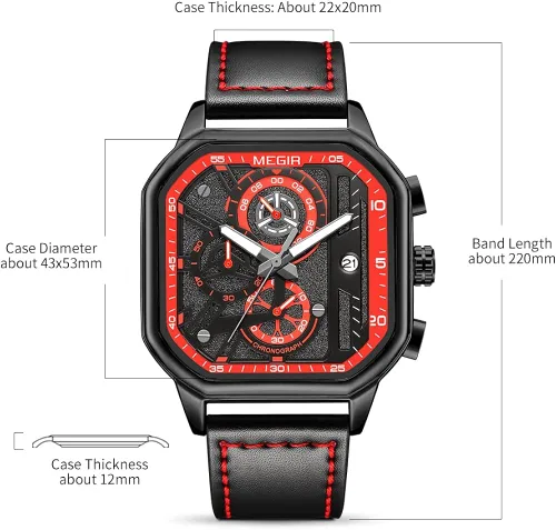 Vista 4 de MEGIR Squre - Reloj de pulsera para hombre, cronógrafo luminoso, analógico, de cuarzo, con correa de cuero