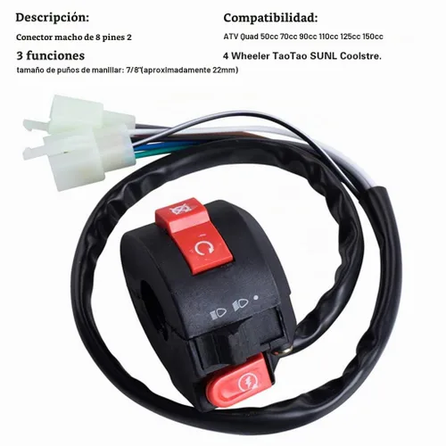 Vista 5 de Interruptor de Arranque Izquierdo de 3 Funciones + Interruptor de Encendido de 4 Cables con Llave y Tapa para ATV Chino Quad 4 Wheeler TaoTao SUNL