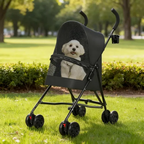 Vista 2 de Cochecito para mascotas para perros pequeños y gatos con ventilación de malla, diseño plegable ligero, portavasos