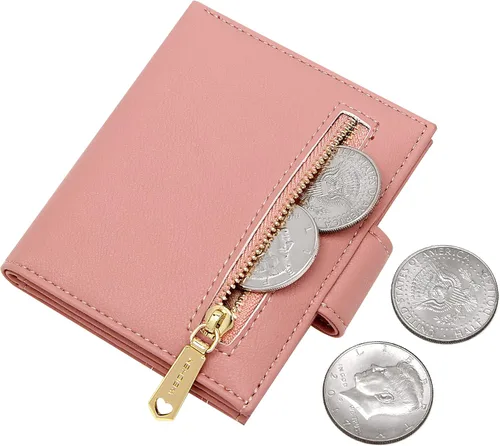Vista 3 de Badiya Billeteras pequeñas para mujer, plegable, multitarjeta, delgada, tarjetero con cremallera, Rosado, Minimalista