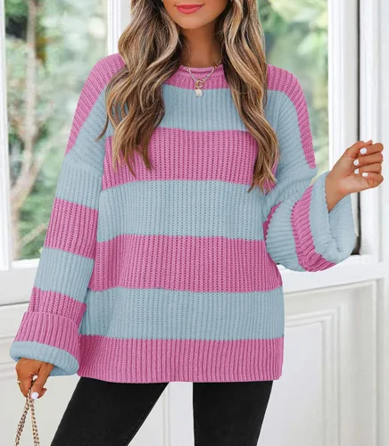 Vista 75 de ZESICA Suéter tejido sin botones de manga larga y cuello redondo, a rayas, bloques de color, cómodo, holgado, talla extragrande para mujer de 2024