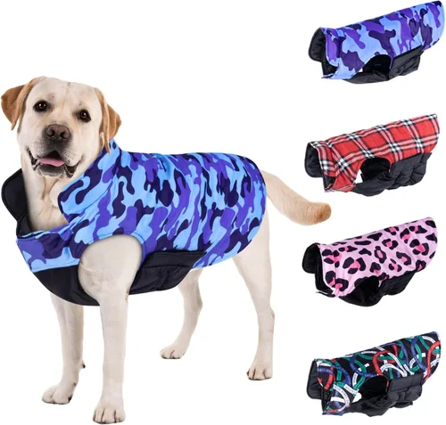 Vista 15 de CuteBone Abrigo de invierno para perro, chaleco reversible impermeable y resistente al viento, chaqueta gruesa ajustable para clima frío con agujero