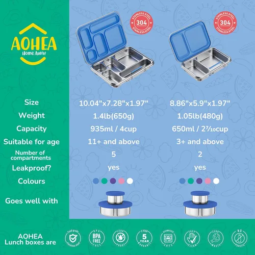 Vista 5 de AOHEA Caja Bento de Acero Inoxidable para Niños, Caja de Almuerzo Bento de Metal para Niños, Envases de Almuerzo Libres de BPA, Caja Bento de Acero