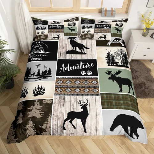 Vista 16 de Juego de funda de edredón para niños de ciervo, oso, lobo, tamaño individual, juego de ropa de cama de cabaña de aventura para niños, niñas