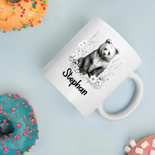 Vista 3 de Taza de café con nombre personalizado de oso de 11 y 15 onzas, taza de cerámica blanca con dibujo a lápiz de oso personalizado, regalo para niños