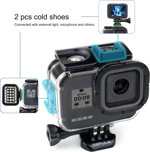 Vista 2 de GEPULY Carcasa impermeable para GoPro Hero 8 Negro, doble ranura para zapata fría protectora subacuática carcasa para GoPro Hero 8 Cámara de acción