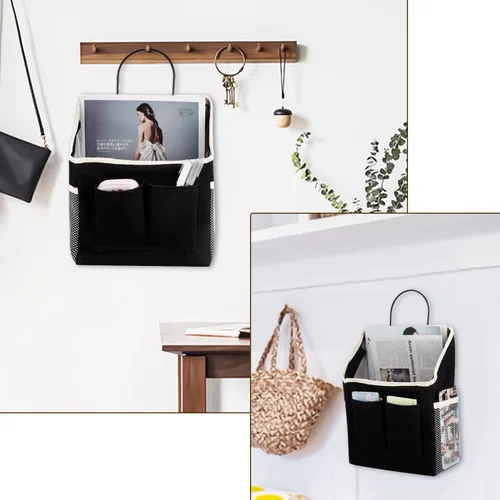 Vista 6 de LYroo Paquete de 2 cestas organizadoras negras para colgar en la pared con bolsillos para baño, dormitorio, cocina, dormitorio, artículos esenciales
