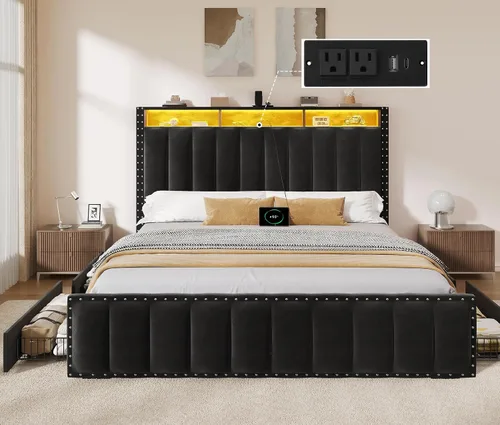 Vista 8 de YITAHOME Queen Size Bed Frame with 4 Storage Drawers and RGB LED Lights Negro