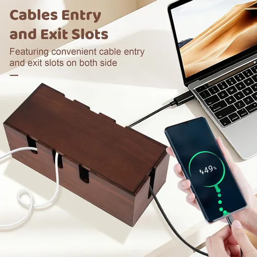 Vista 5 de Caja de gestión de cables, caja de corrector de cables de madera, caja de estación de carga para ocultar cables y regleta de alimentación, estación