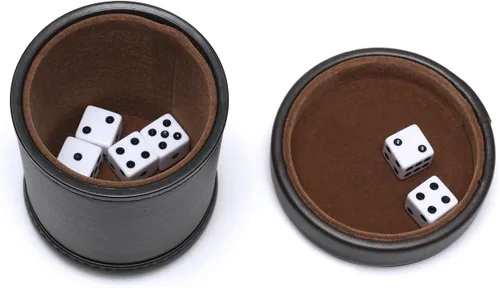 Vista 6 de Taza de dados de piel sintética con tapa, cuero sintético chocolate oscuro y marrón oscuro forrado de fieltro silencioso taza agitadora de dados