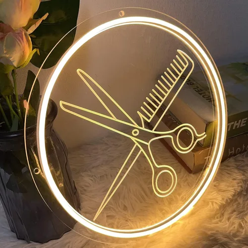 Vista 6 de Letrero de neón de tijeras para decoración de pared, diseño de talla artística 3D, para interiores, dormitorio, letreros de neón LED, telón