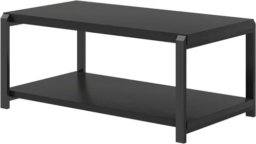 Vista 9 de EXCEFUR Mesa de café negra, mesa central moderna de madera rústica para sala de estar, mesa de té industrial rectangular de cóctel con estante