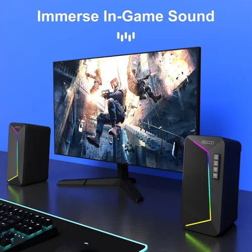 Vista 9 de Jeecoo Altavoces de computadora Bluetooth M30, altavoces RGB para juegos de PC para escritorio con sonido estéreo nítido, modos LED dinámicos