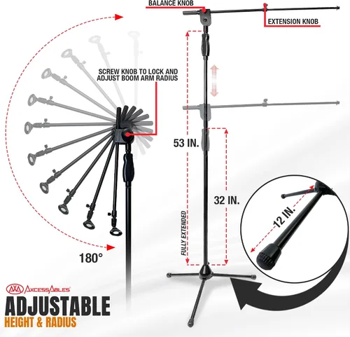 Vista 3 de AxcessAbles - Soporte de micrófono con base de trípode y brazo de pluma, ajuste de altura de embrague de liberación rápida, soporte de micrófono