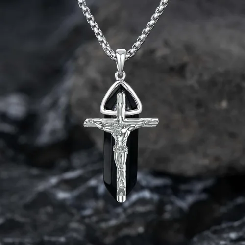 Vista 3 de PELOVNY Collar de plata de ley con cruz de cristal para hombres y mujeres, collar con colgante de crucifijo de Jesucristo, joyería religiosa