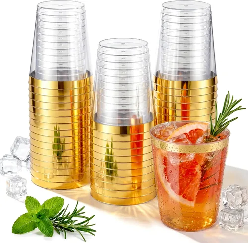 Vista 14 de Nervure 240 vasos de plástico azules – Vasos de plástico con borde dorado de 9 onzas – Taza azul desechable resistente con borde dorado perfecto