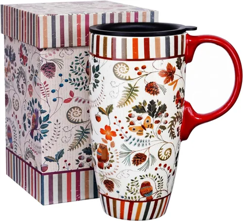 Vista 12 de Topadorn Taza de café de cerámica alta de viaje de 17 onzas con tapa sellada, juego de 2 Colorido diseño floral y de pájaros, apto para microondas