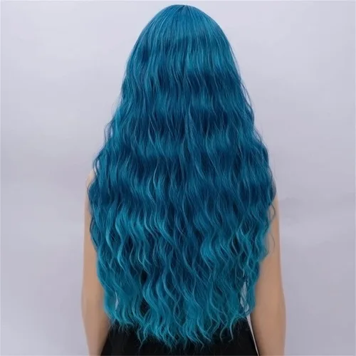 Vista 7 de Netgo - Peluca de fibra resistente al calor para mujer, color morado, larga y ondulada, con fleco, Azul oscuro