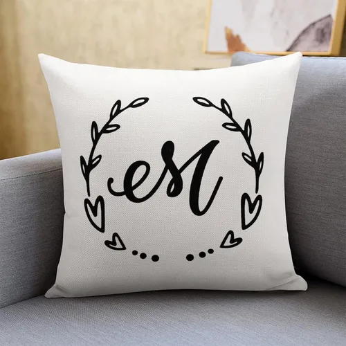 Vista 5 de Funda de almohada con diseño de corona de hojas de corazón, letra M, funda de almohada con inicial personalizada, funda de cojín decorativa