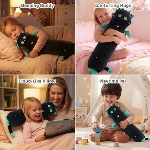 Vista 6 de Mewaii Peluche de gato largo, 5 tamaños, 120% relleno extra, almohada gigante para el cuerpo de los niños, lindo peluche Kawaii de ojos grandes