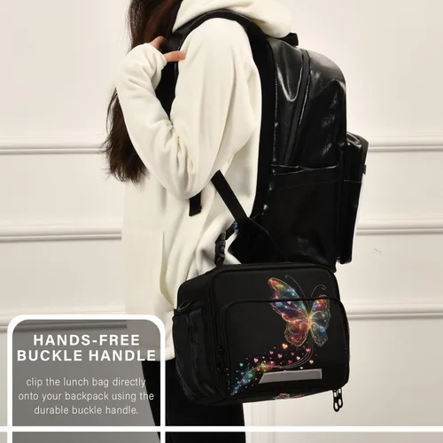 Vista 6 de Aslsiy Bolsa de almuerzo para mujer, diseño de arcoíris, con diseño de mariposa, con diseño de corazones brillantes, con correa ajustable