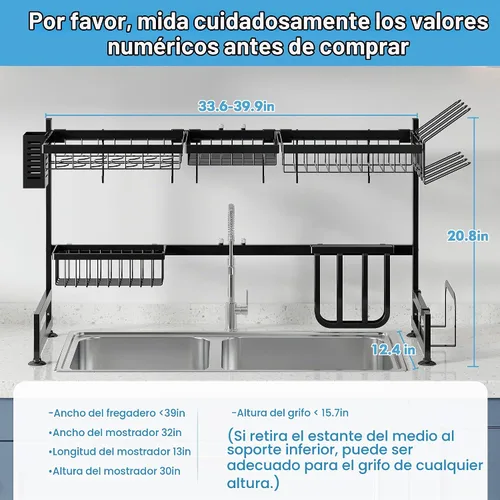 Vista 5 de BOOSINY Over The Sink Dish Drying Rack with Utensil and Cup Holder Negro