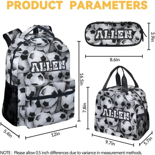 Vista 4 de Mercuryelf Mochila de fútbol personalizada para niños y niñas con juego de lonchera, mochilas de viaje escolar 3 en 1, combo a juego, bolsa ligera