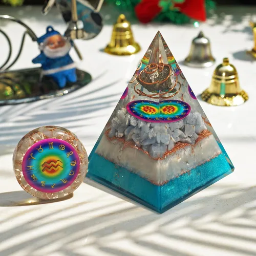 Vista 6 de Juego de pirámide de orgón y piedra de palmera de horóscopo, cristal curativo de acuario, signo del zodiaco, hecho de pirita y angelita para calma