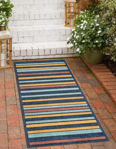 Vista 4 de Unique Loom Belize Outdoor Collection - Alfombra Altun (2 x 10 pies, color carbón/azul claro)