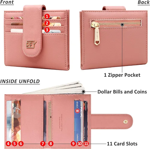 Vista 6 de Badiya Billeteras pequeñas para mujer, plegable, multitarjeta, delgada, tarjetero con cremallera, Rosado, Minimalista