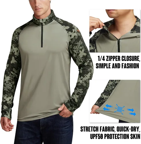 Vista 5 de Rodeel Camisa de manga larga con protección solar UPF 50+ para hombre, con cremallera de 14, para correr, senderismo