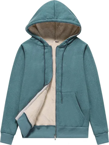 Vista 19 de Flygo Sudadera con capucha para mujer, con cremallera, forro polar, tipo sherpa, abrigada, chaqueta de invierno Gris ceniza