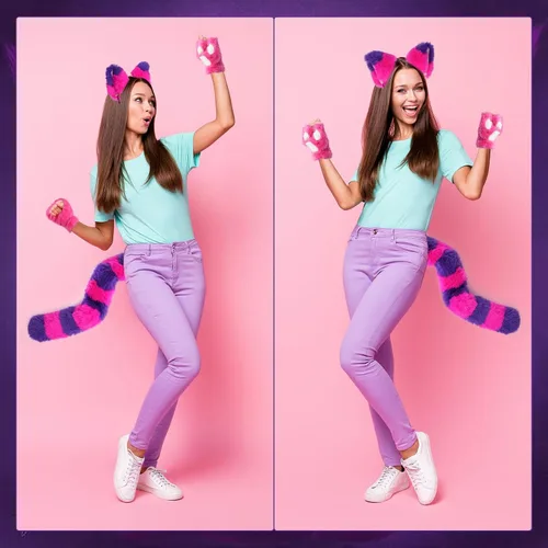 Vista 5 de El disfraz de gato a rayas rosa y morado incluye orejas de gato, calcetines a rayas para disfraz de Halloween