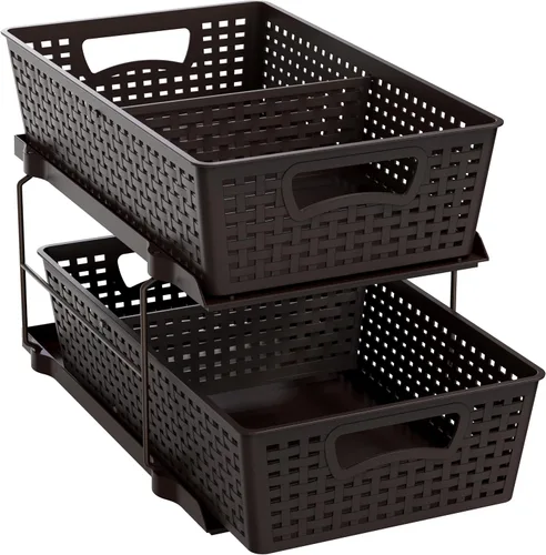 Vista 13 de Simple Houseware Bandeja organizadora de baño de 2 niveles, cajón deslizante extraíble, almacenamiento debajo del fregadero, color negro