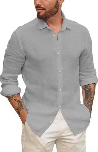 Vista 8 de Mens Button Down Linen Cotton Long Sleeve Shirts Casual Summer Tops 1 Negro
