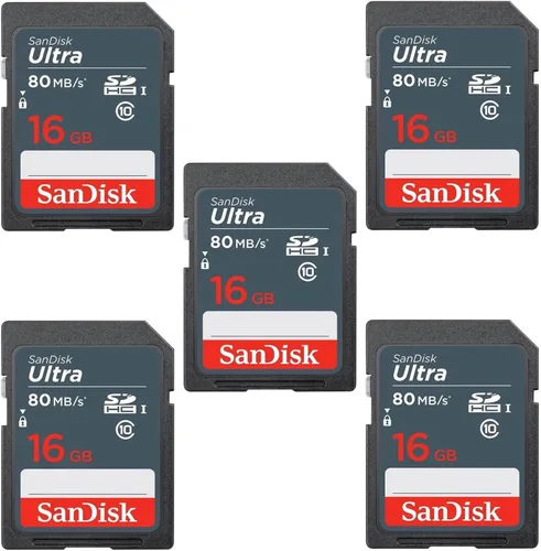 Vista 2 de SanDisk Tarjeta de memoria Ultra SDHC UHS-I de 16 GB clase 10 80MB/s U1, Full HD, tarjeta de cámara SD SDSDUNS-016G-GN3IN (paquete de 5) paquete
