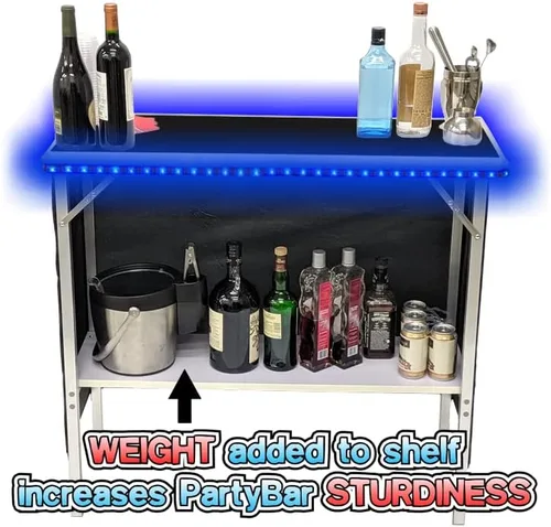 Vista 2 de PARTYPONG Barra de fiesta portátil plegable negra con luces LED multicolor patentadas, falda negra y estante de almacenamiento, juego doble